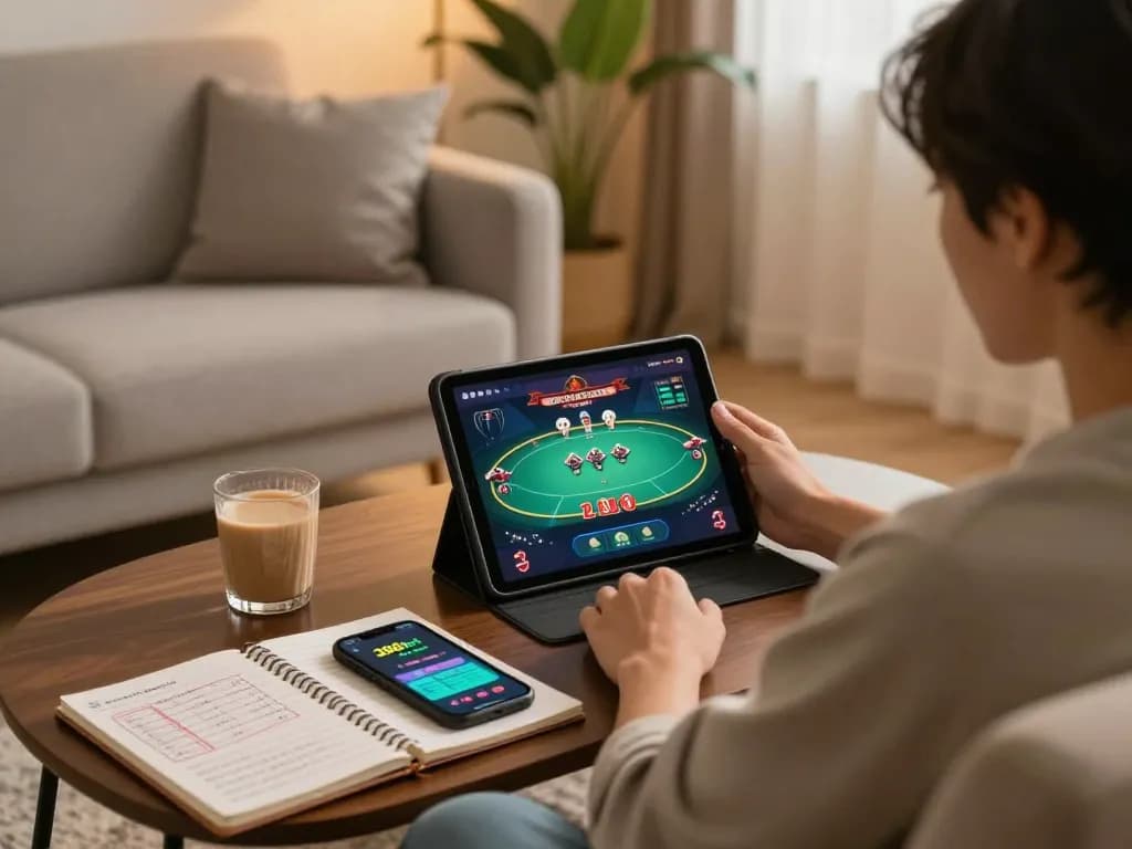 Engaged player enjoying 388bet online poker game at home with strategy notes visible.