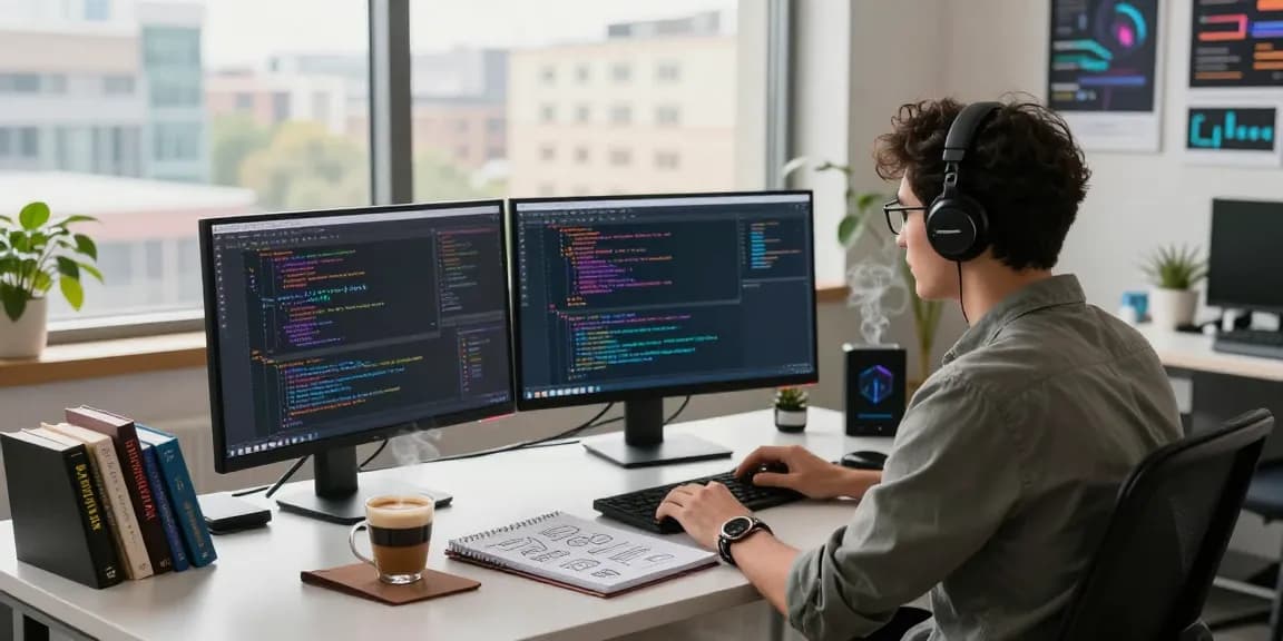 Developer coding the 纸飞机中文版 app in a vibrant tech workspace with multiple screens.