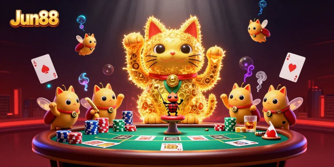 Experience the thrill of Jun88 with exciting poker action featuring a giant lucky cat!