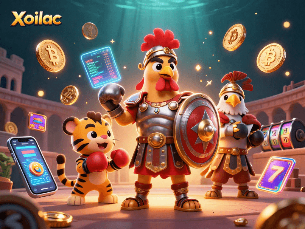 Xoilac showcases a dynamic casino scene with a gladiator rooster, tiger cub, and crypto elements.