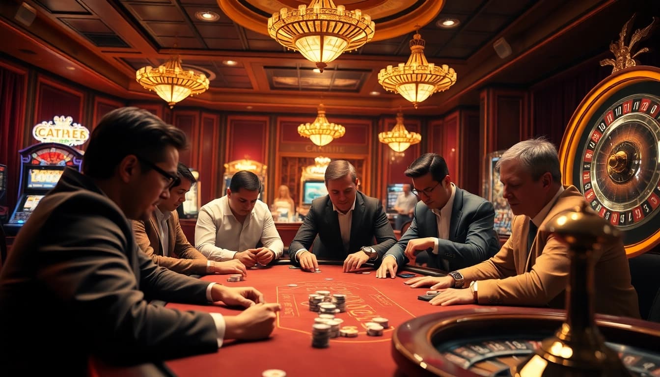 Scène engageante de parieurs à une table de casino luxueuse illustrant le casino en ligne argent réel France.