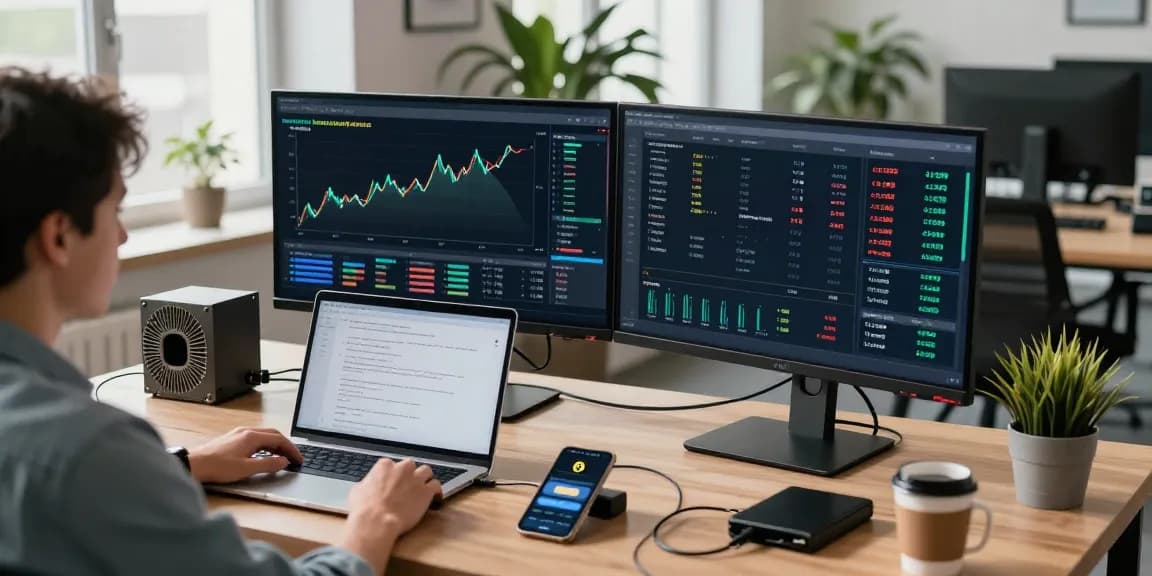 bitcoin mining service analysis in a professional tech workspace with monitors showing mining charts and crypto wallet balance