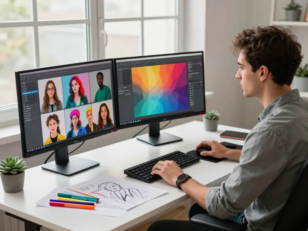 Professional using an AI tool for image to prompt ai generation in a vibrant workspace