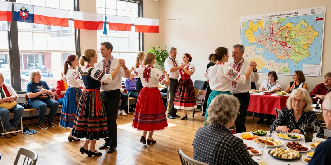 Community gathering of Polish residents celebrating culture at https://www.sfpol.com/ with traditional dance and cuisine.