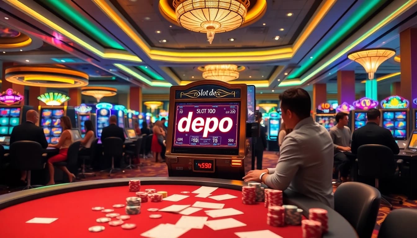 Pemain yang berinteraksi dengan mesin slot Depo 5rb di kasino yang ramai penuh kegembiraan dan kemewahan.