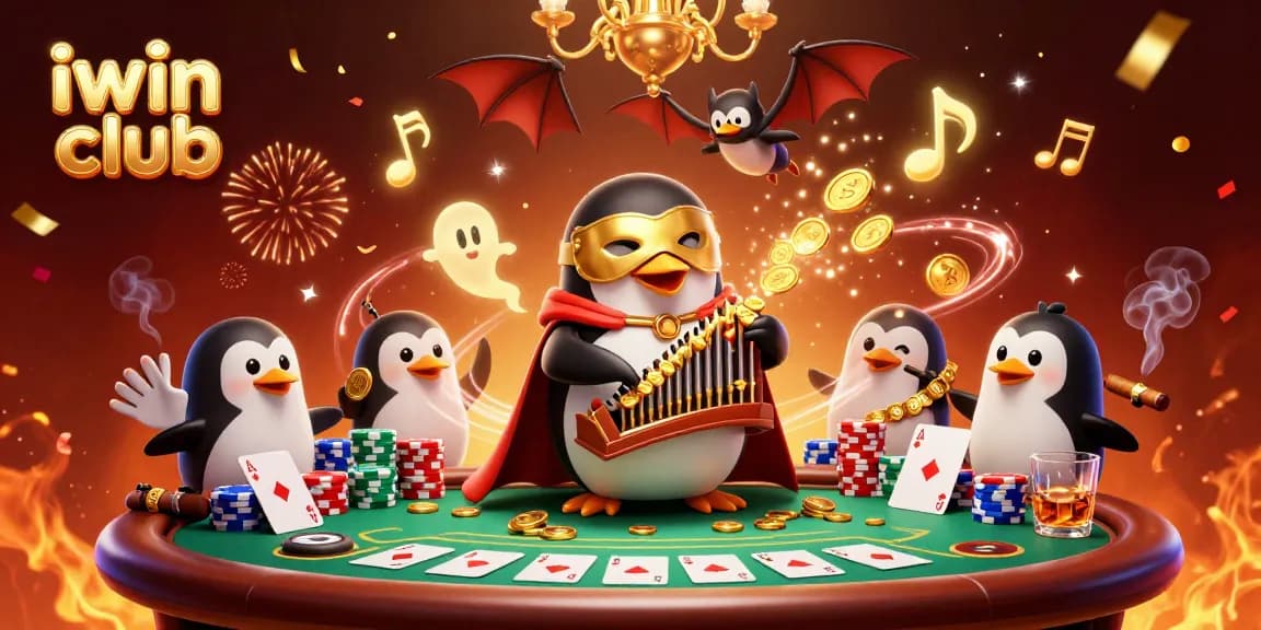 Engage with iwin club's vibrant casino scene featuring a penguin playing for gold.