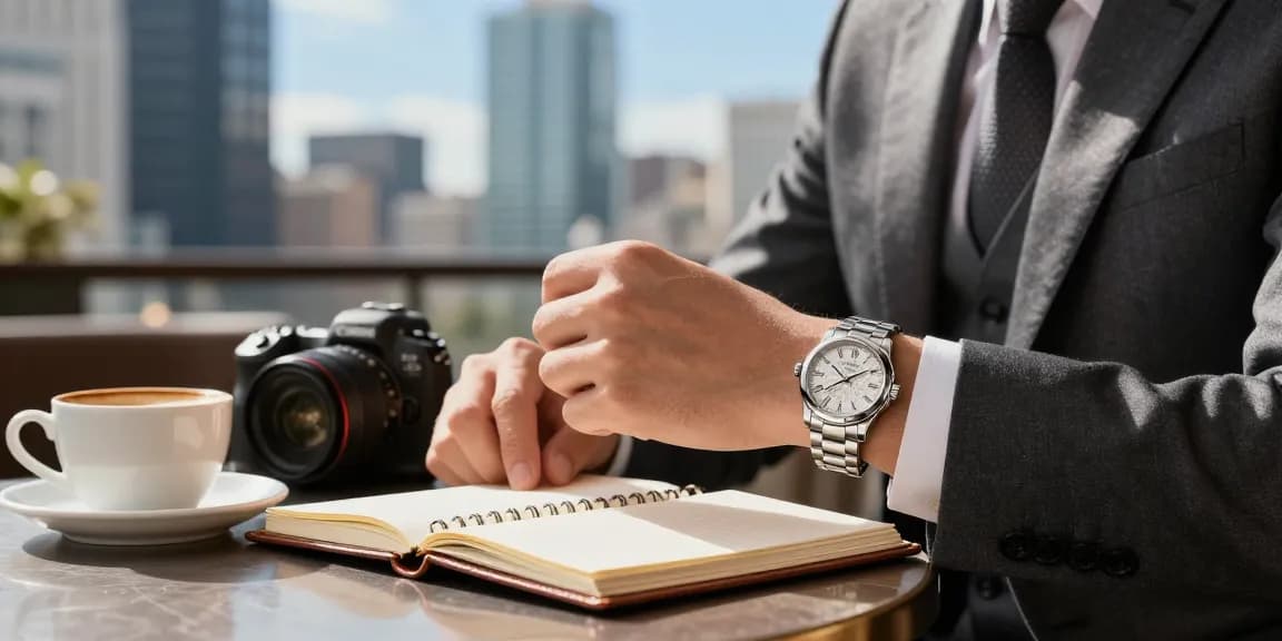 Stylish individual showcasing a pristine replica watch in a vibrant urban cafe setting.