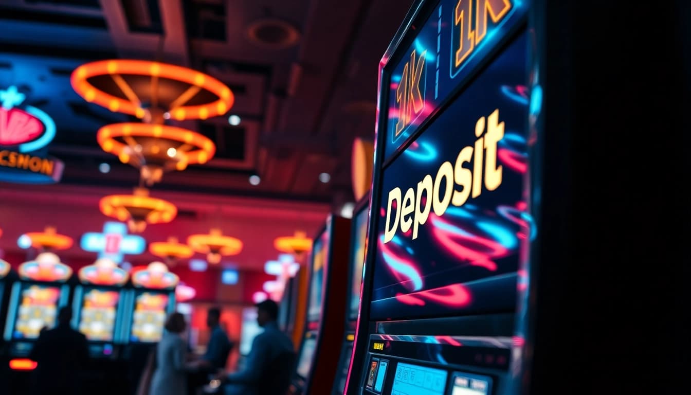 Menggambar suasana slot depo 1k di kasino yang meriah dan penuh semangat.