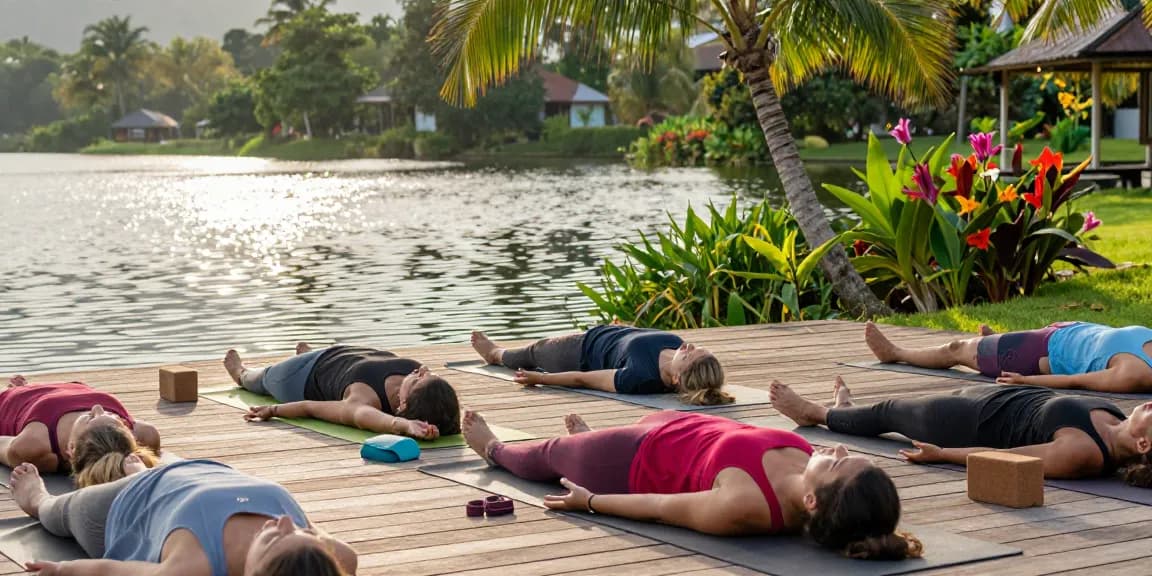 Yoga retreat Koggala practitioners enjoying a morning session by the tranquil lakeside.