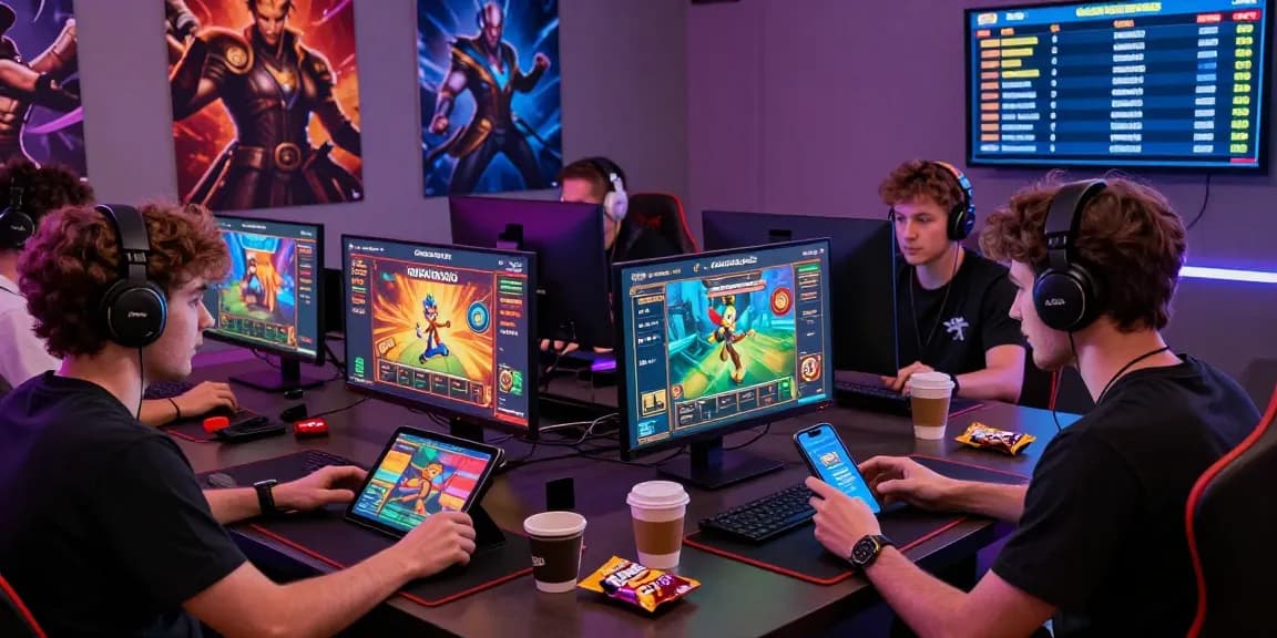 Online gaming enthusiasts engaging with Garuda303 on multiple devices in a lively environment.