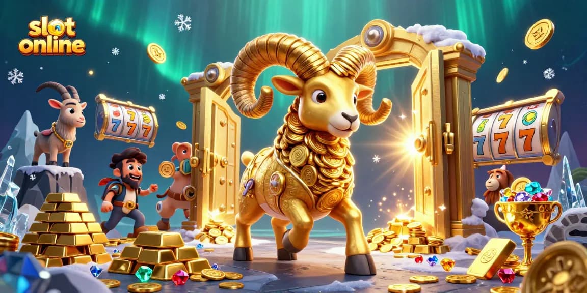 Experience thrilling slot online action with a golden ram charging towards fortune in a vibrant 3D casino scene.