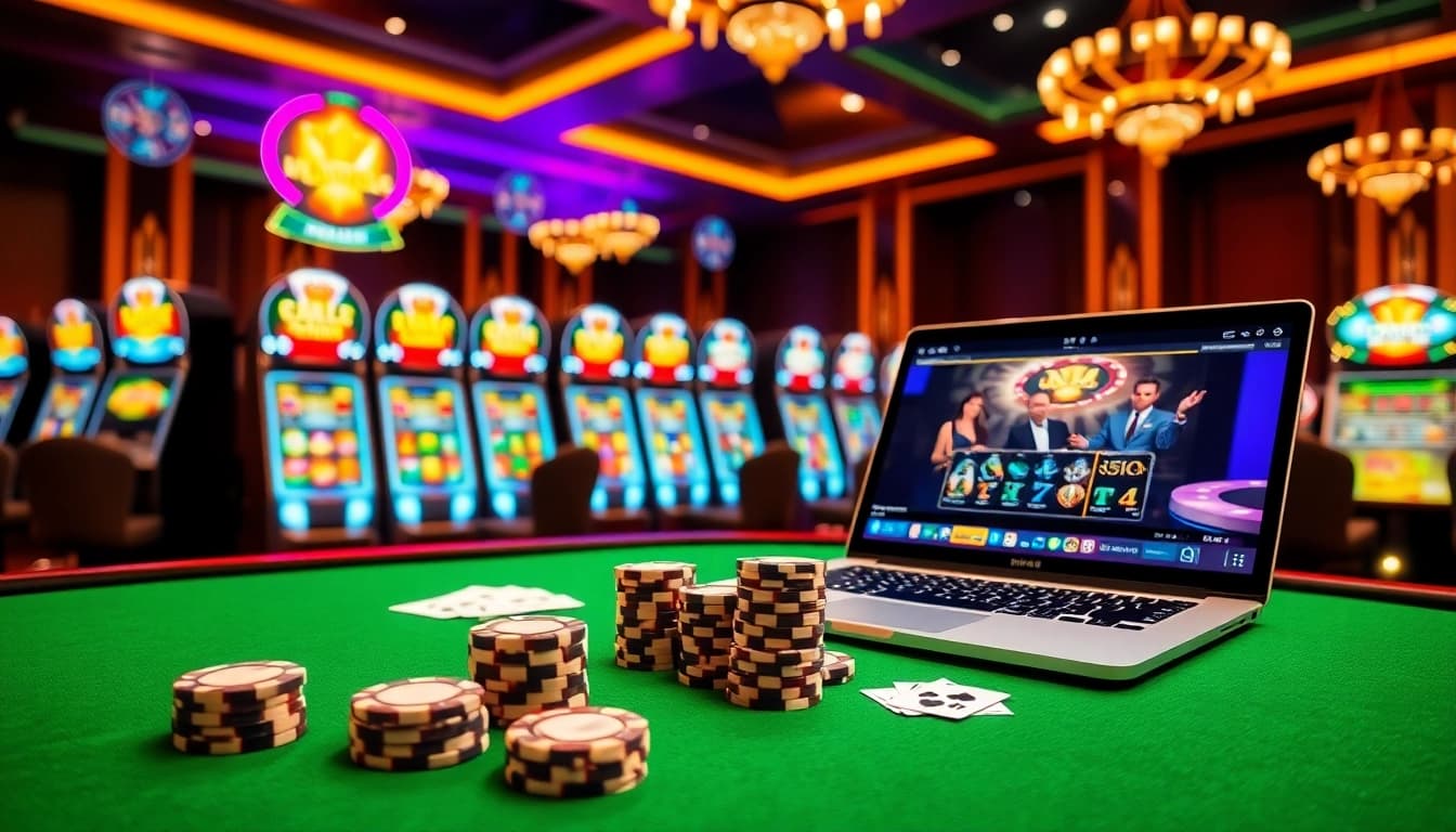 Atmosphère engageante de casino en ligne argent réel France avec des jetons et des cartes vibrants exposés.