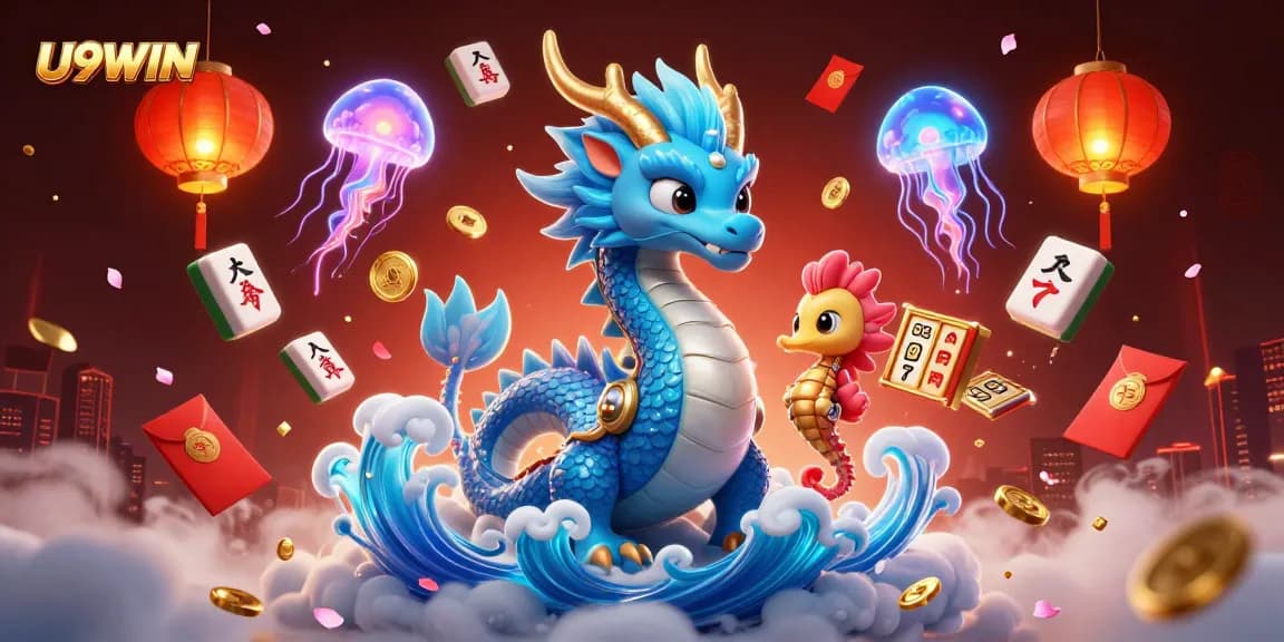Experience thrilling gameplay with U9WIN's vibrant casino scene featuring a water dragon and magical elements.