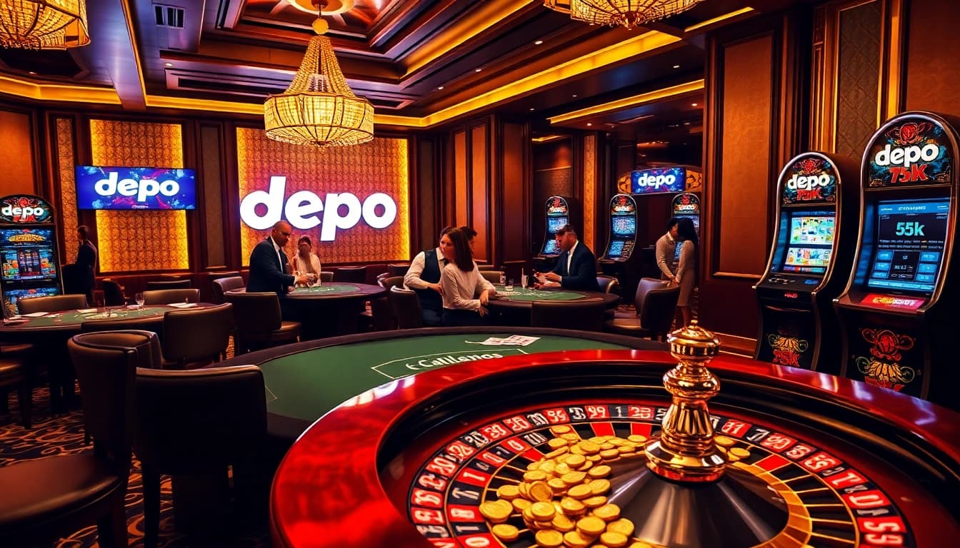 Experience thrilling gaming with depo 5k at an engaging casino scene featuring poker and roulette.