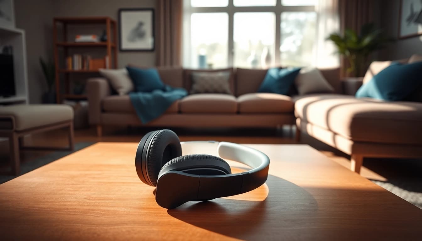 Showcase Bone X2 Bone Conduction Headphones elegantly resting on a coffee table in a modern living room.
