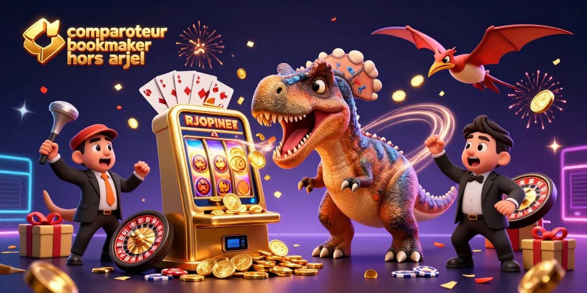 Comparateur bookmaker hors ARJEL illustrant des personnages de dinosaure dans un casino vibrant.