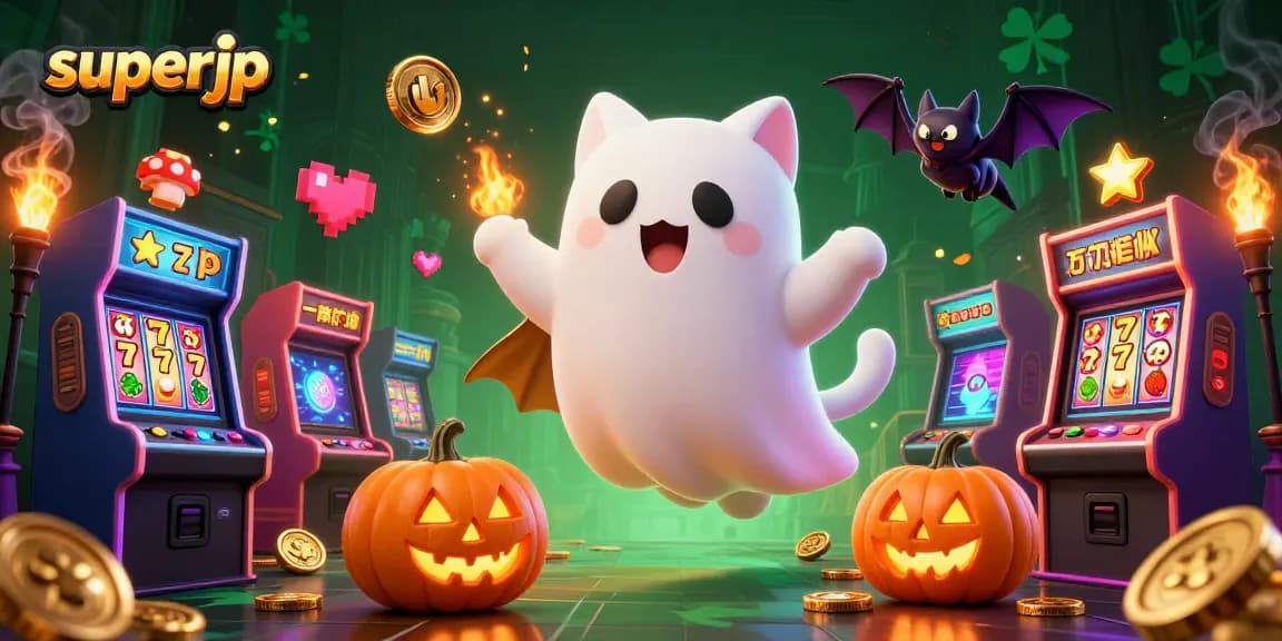 Engage in thrilling gameplay with superjp amidst ghostly cats and monumental jackpots in this immersive scene.