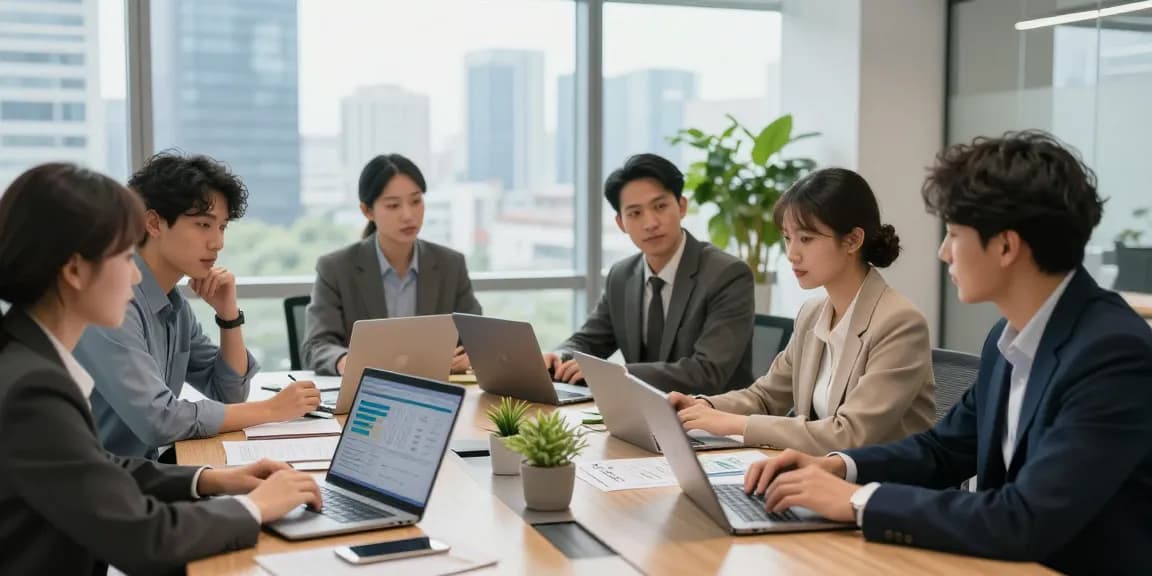 MBM team brainstorming strategies in a vibrant corporate office meeting.