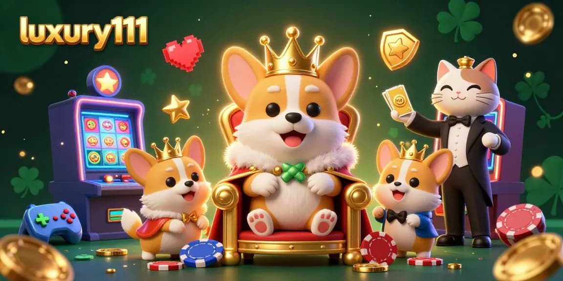 Experience luxury111 with the royal corgi as it rules over a vibrant slot machine scene.