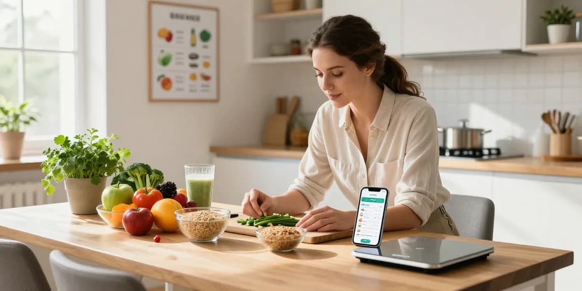 Nutritionist reviewing healthy foods with the best nutrition tracking app visible in modern kitchen.