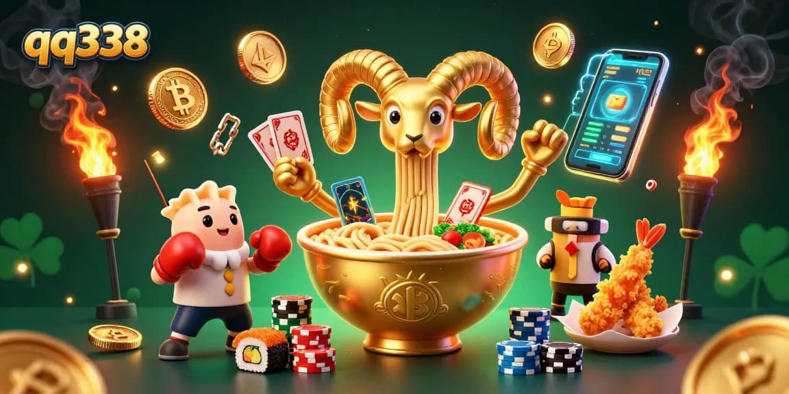 Engage with qq338's vibrant gaming scene, featuring dynamic characters and neon crypto elements.