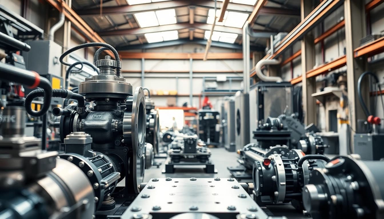 Showcasing custom hydraulic equipment being assembled with precision in a workshop.
