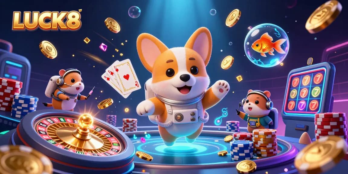 Engage with LUCK8's captivating space casino scene filled with floating poker chips and golden coins.