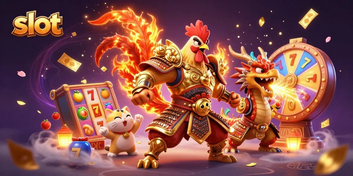 Spin vibrant slot reels featuring a rooster warrior, dragon hatchling, and fortune cat mascot
