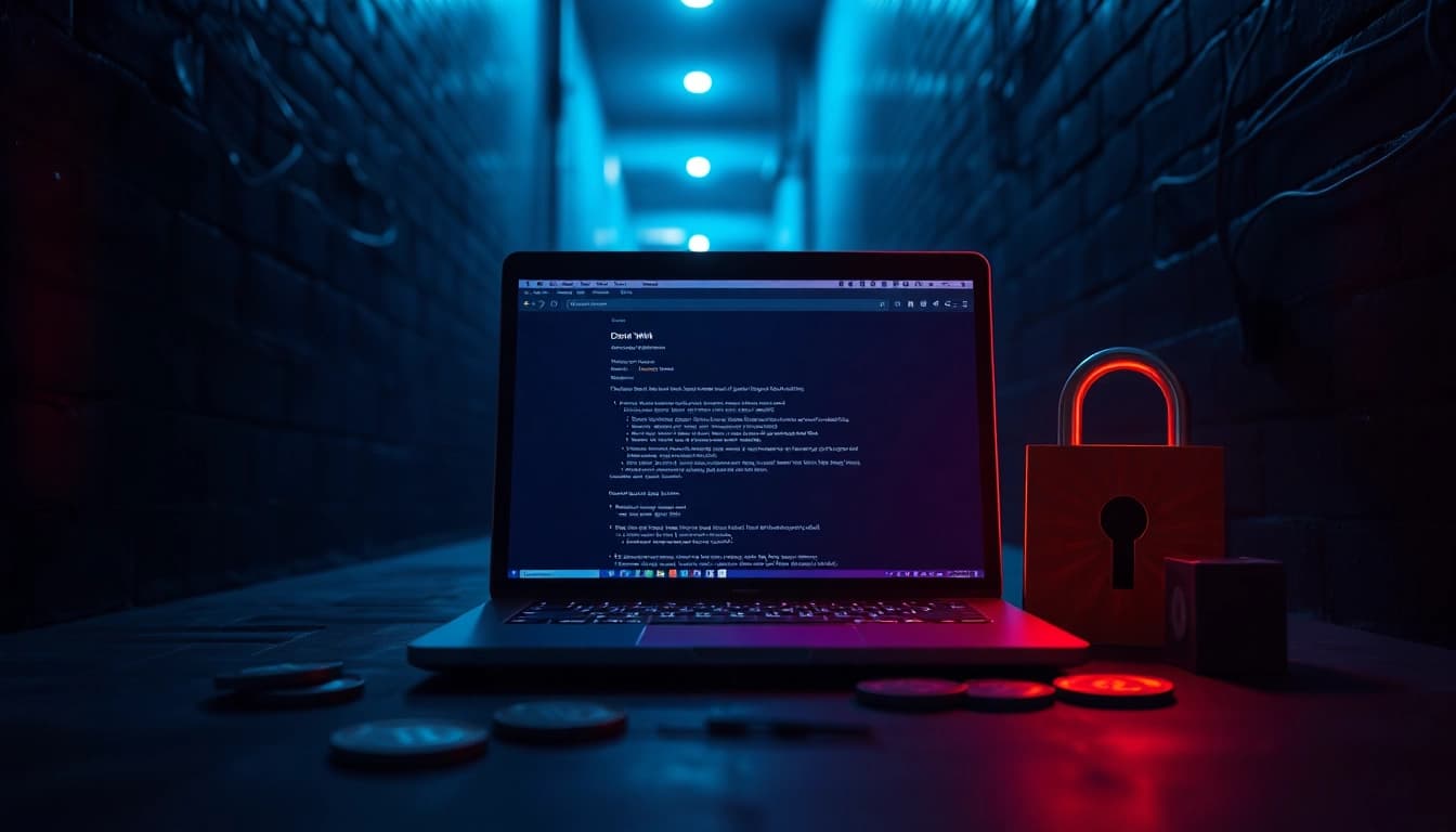The hidden wiki displayed on a laptop screen in a dimly lit alley, symbolizing dark web exploration.