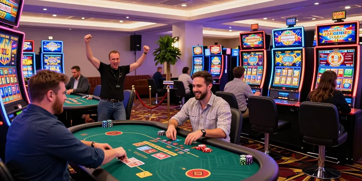 Excited group of players enjoying games at the best credit card casinos in a lively casino hall with vibrant lights and colorful decor.