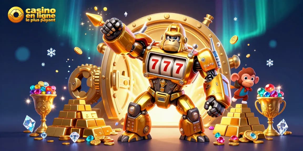 Casino en ligne le plus payant : illustration dynamique avec un gorille mech transformateur et des trésors éclatants.