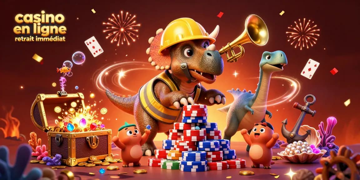 Jouez au casino en ligne retrait immédiat avec une illustration de dinosaure et des décorations colorées.