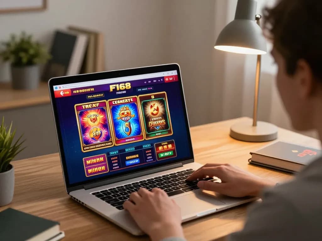 Player engaging in strategic online gaming at F168 with colorful slot machines visible, creating an inviting atmosphere.