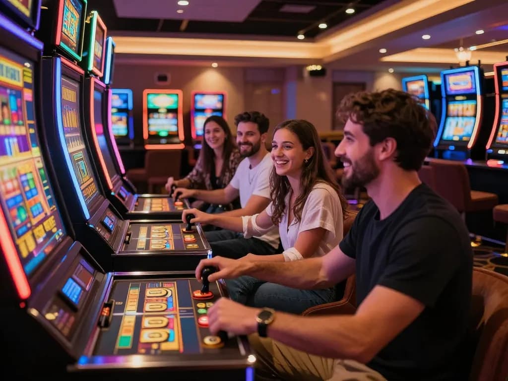 Players joyfully engaging with slot machines in a vibrant casino atmosphere