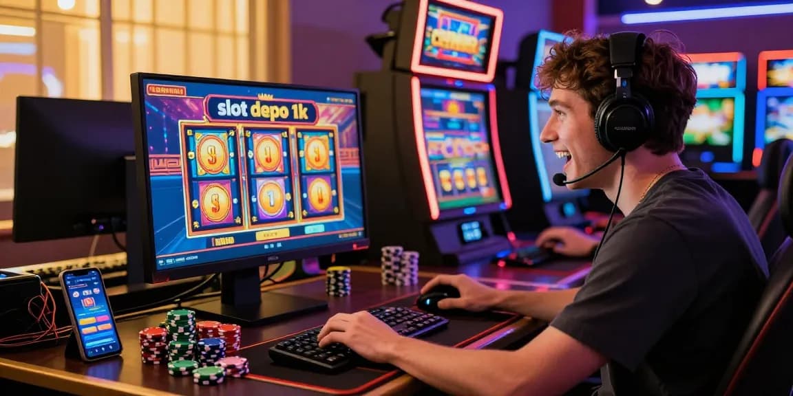 Player engaged with slot depo 1k online gaming, showcasing vibrant screens and casino ambiance.