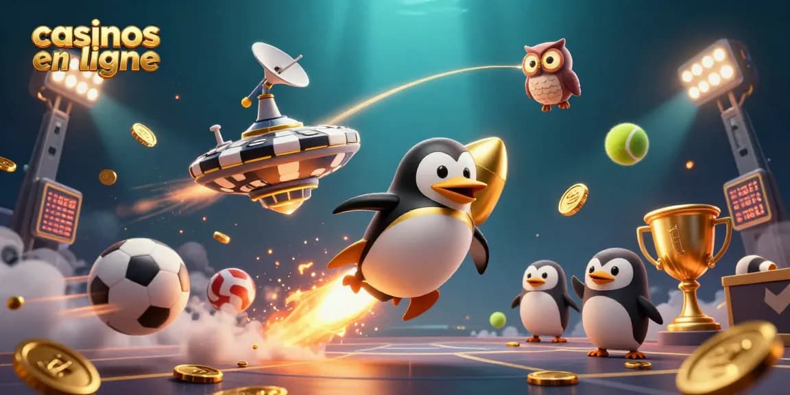 Vivez l'excitation des casinos en ligne avec un pingouin doré en fusée, des pièces d'or et des jeux.