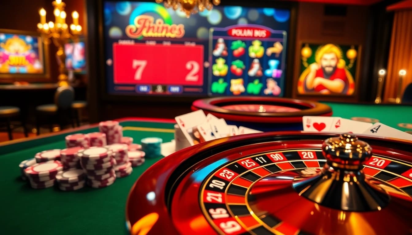 Une scène captivante de casino en ligne argent réel France montrant une roulette vibrante, des jetons de poker et des jeux de machines à sous numériques.