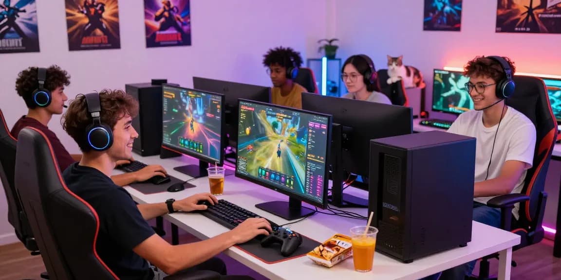 Exciting gaming environment with players enjoying garuda303 online games, surrounded by colorful lights and gaming gear.