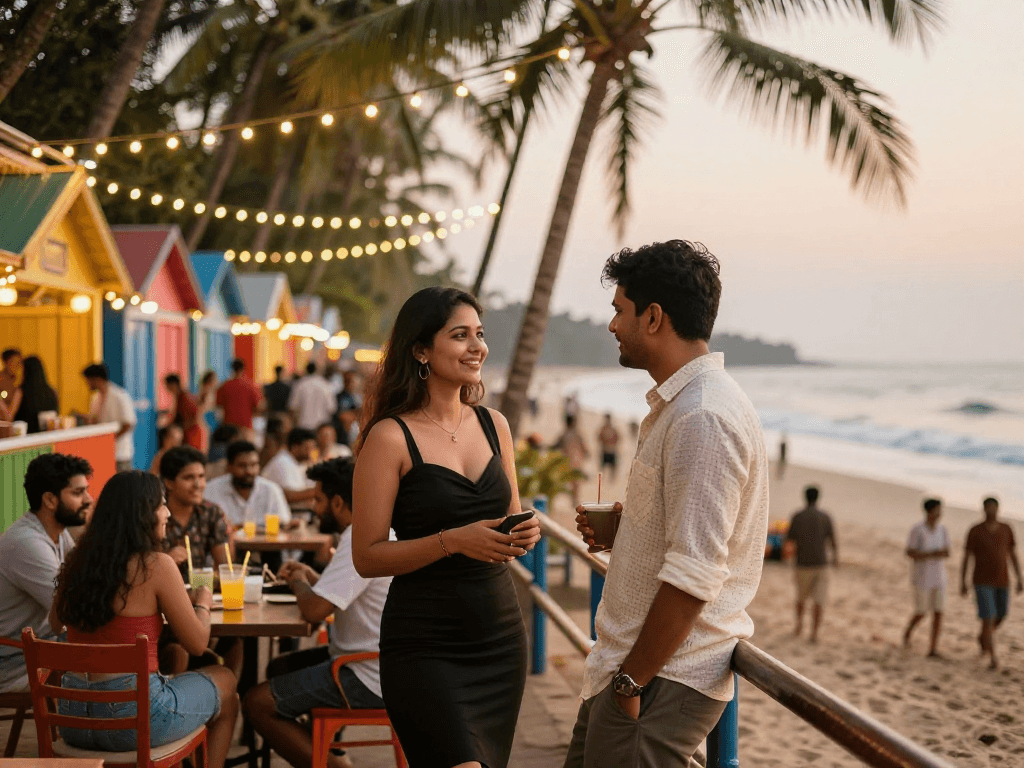 Experience the excitement of the escort service in Goa with an elegant escort enjoying the beachfront nightlife.