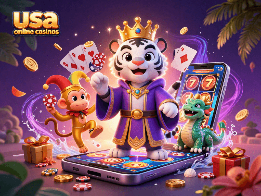 Experience the excitement of usa online casinos with adventurous characters and vibrant casino elements.