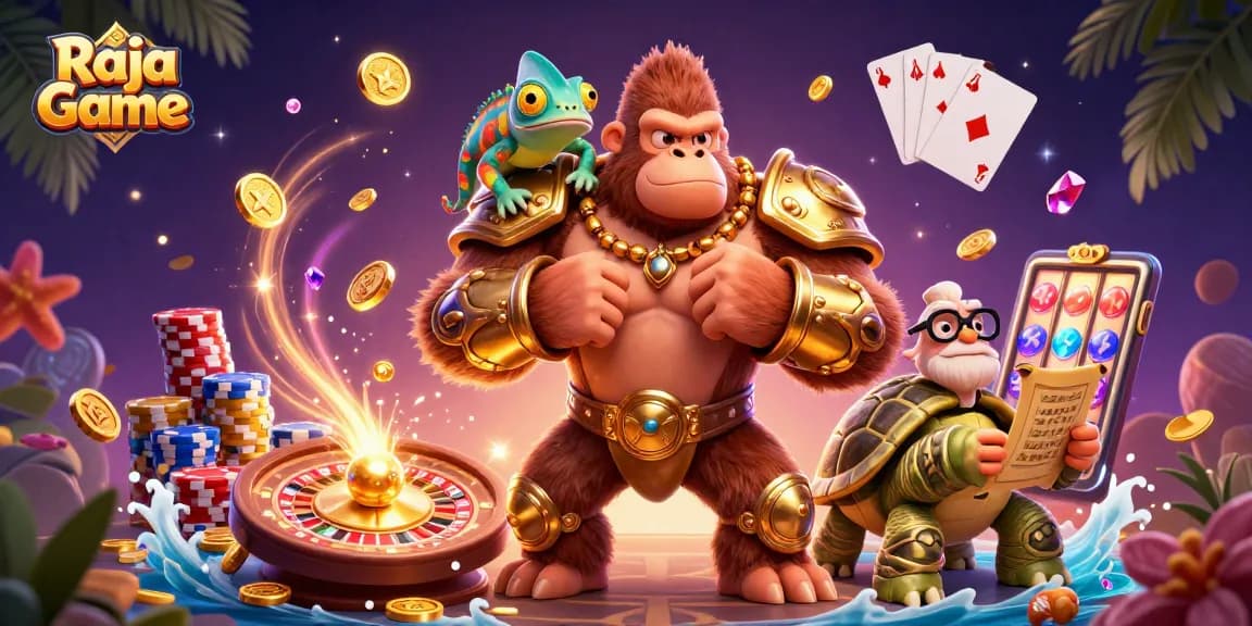 Engage in thrilling gameplay with Raja Game, featuring a gorilla king and exciting casino elements.