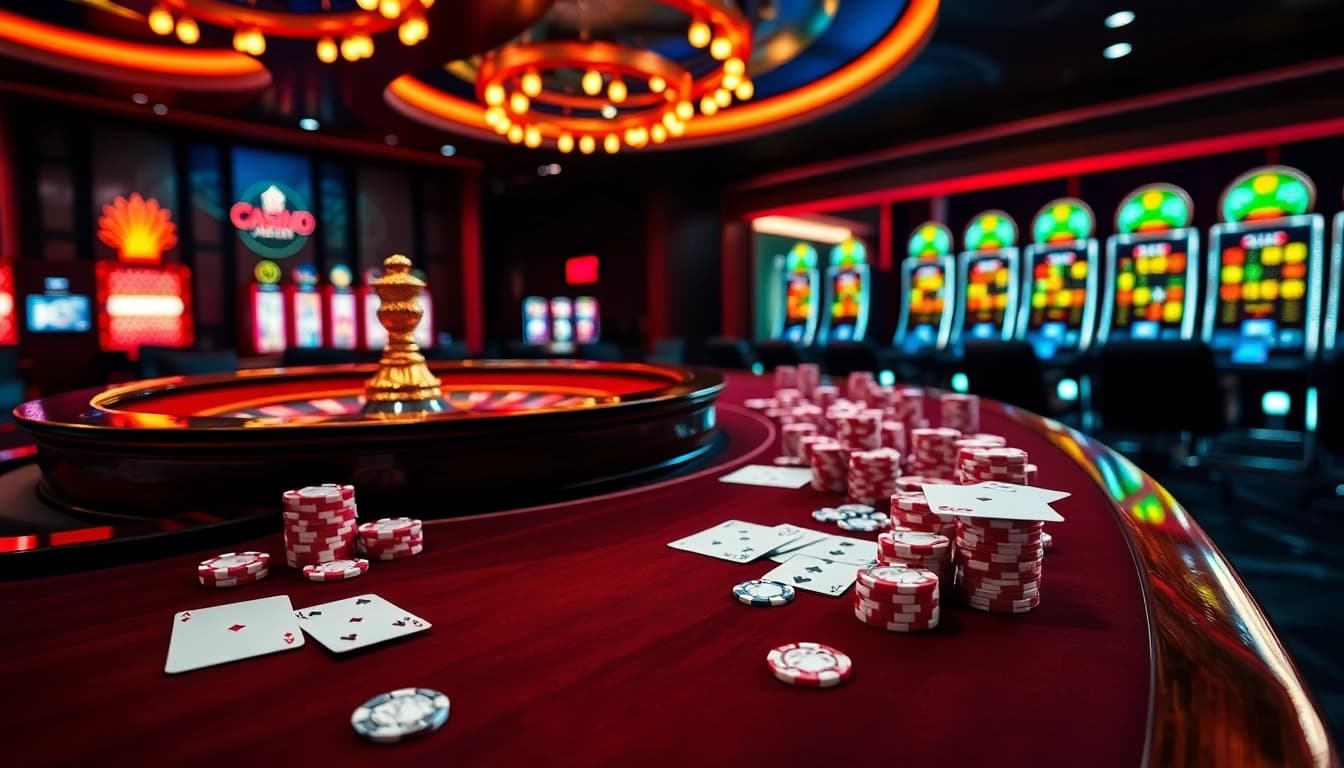 Découvrez l'excitation du casino en ligne argent réel France avec une élégante table de roulette et des machines à sous vibrantes.