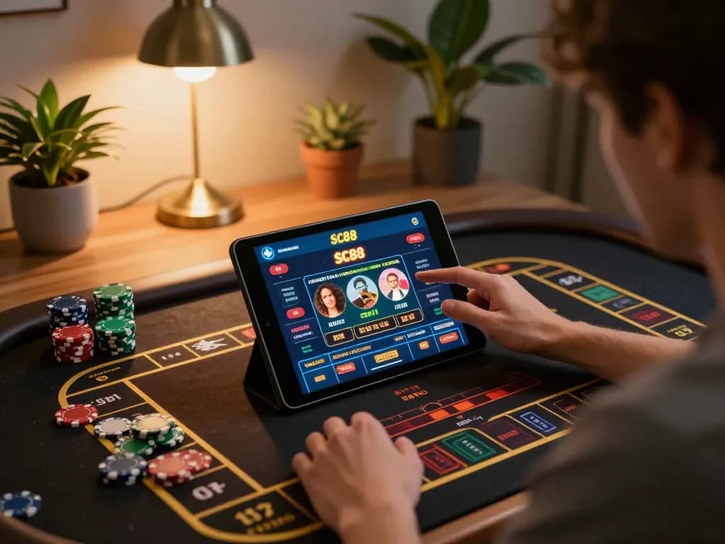 Players using the SC88 online casino app for strategic gameplay at home, showing a focus on responsible gambling