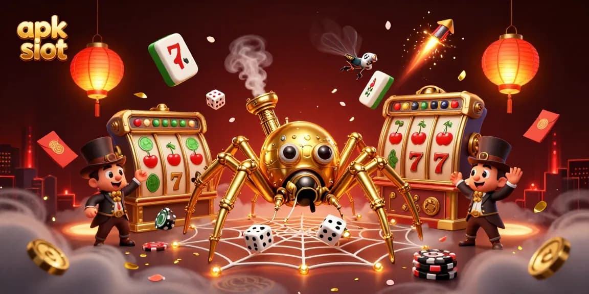 Slot apk slot dengan laba-laba 3D dan elemen permainan, menyajikan nuansa kasino yang dinamis.