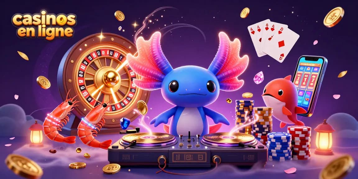 Jouez dans des casinos en ligne avec ce DJ axolotl vibrant et des créatures dansantes.