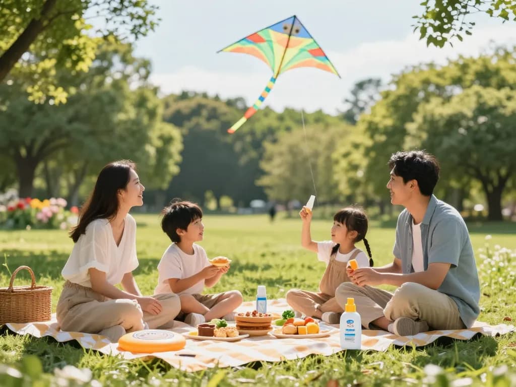Family enjoying a picnic with mosquito repellent spray in a sunny park