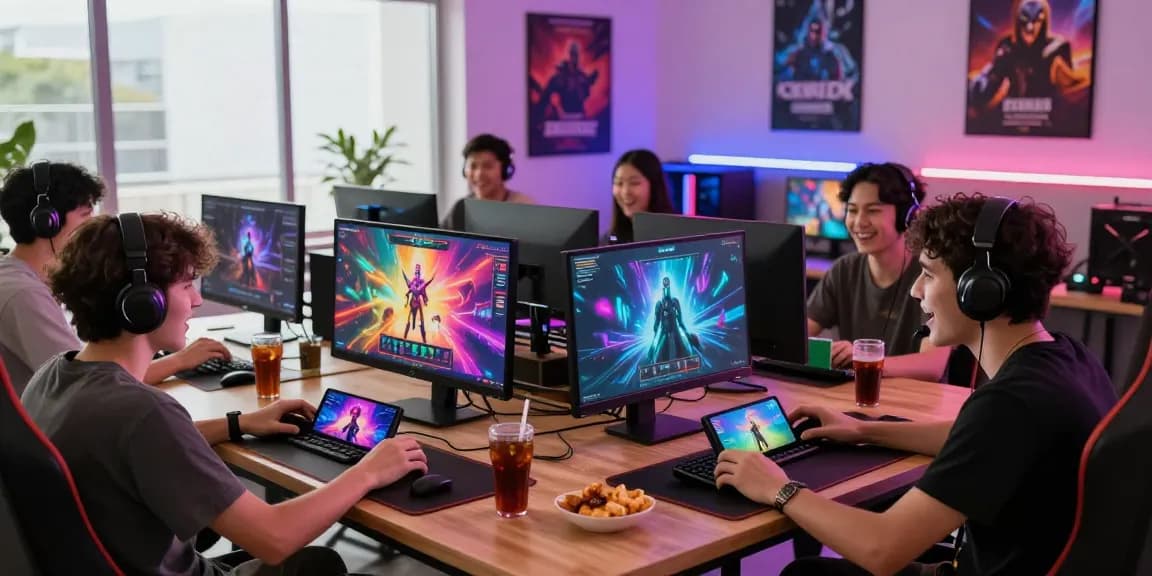 Garuda303 players enjoying vibrant online gaming experience with devices and snacks.