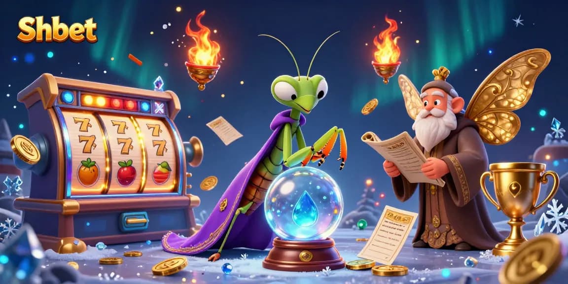 Experience the excitement of Shbet with a dynamic 3D illustration of a joyful fortune teller and slot machine elements.