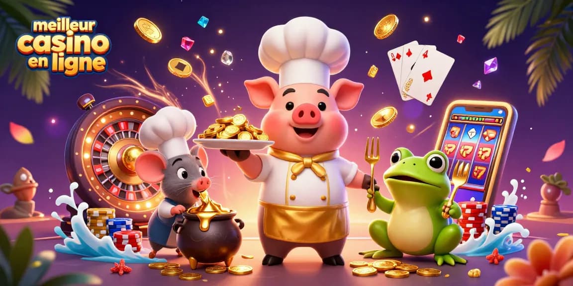 Découvrez l'excitation du meilleur casino en ligne avec une scène 3D vibrante mettant en scène des personnages et des éléments de casino.