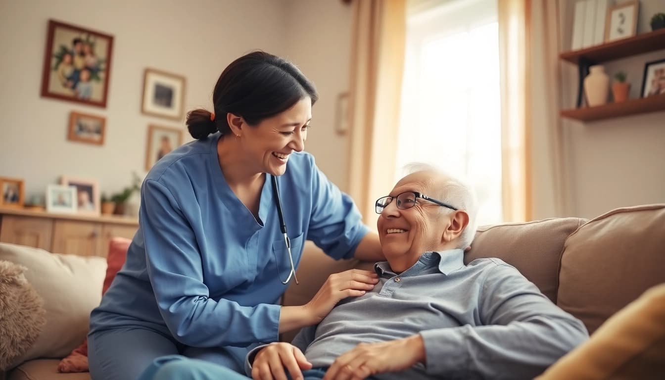 Caring interaction in elderly in home care near me context highlighting compassion and comfort.